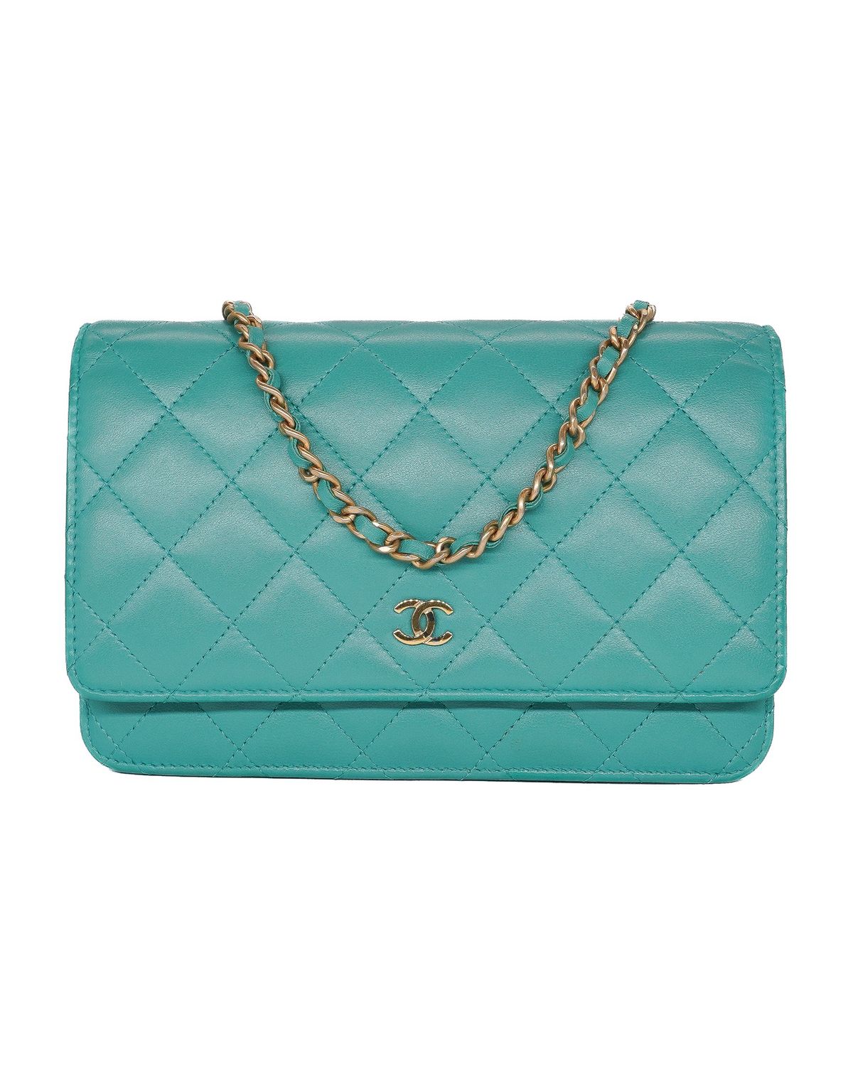 Chanel Turquoise Lambskin Diamond Quilted Wallet On Chain