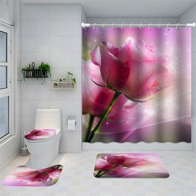 Flower Power Series 1 Polyester Shower Curtain and Bathroom Flooring 16-Piece Sets, Color: Bk372, Specifications: Four-piece set---730g