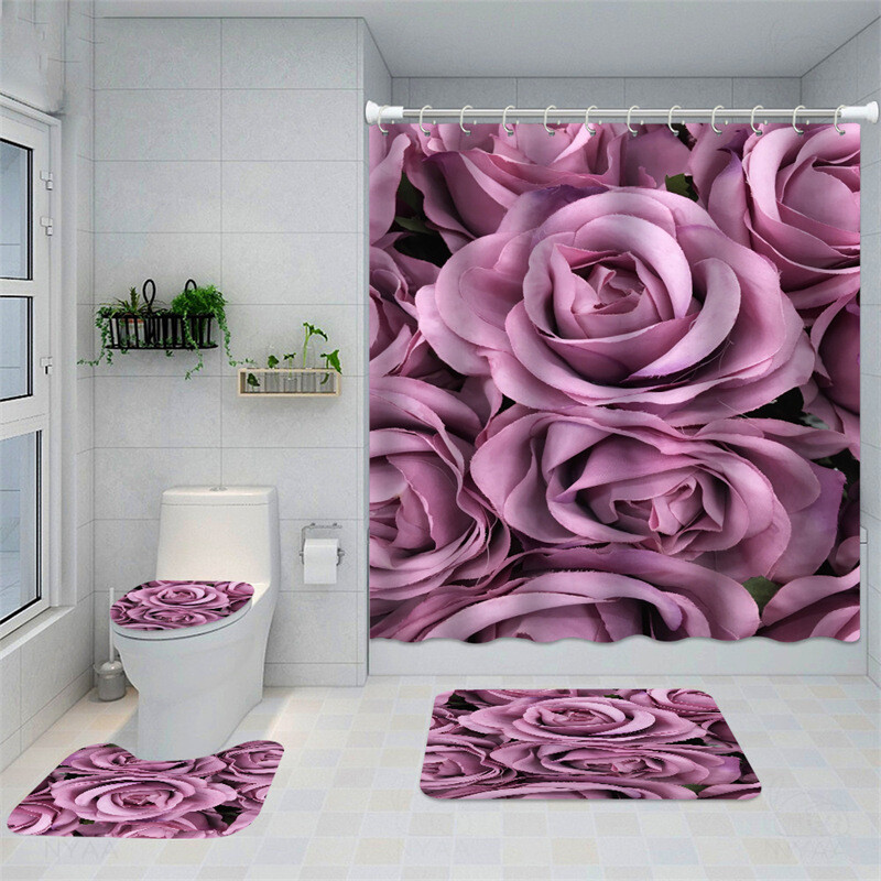 Flower Power Series 3 Polyester Shower Curtain and Bathroom Flooring 16-Piece Sets, Color: Bk380, Specifications: Four-piece set---730g