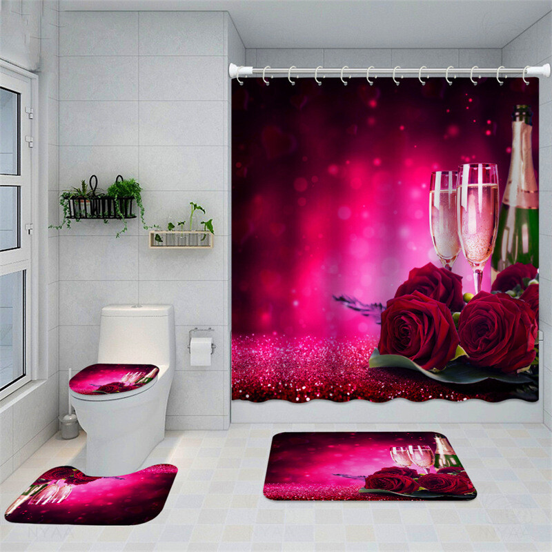 Flower Power Series 4 Polyester Shower Curtain and Bathroom Flooring 16-Piece Sets, Color: Bk375, Specifications: Four-piece set---730g