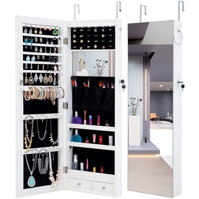 Jewelry Storage Mirror Cabinet With Key Lock and LED Lights Can Be Hung On The Door Or Wall