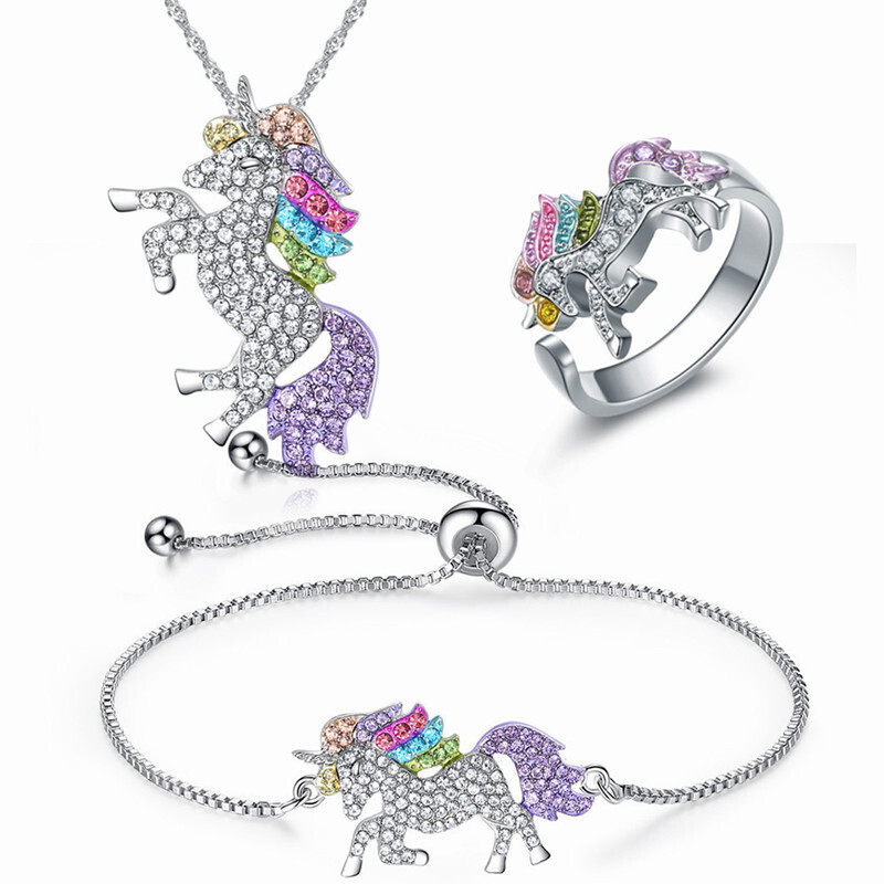 Girl's Rainbow Unicorn 3-Piece Jewelry Set, Color: Accessories set