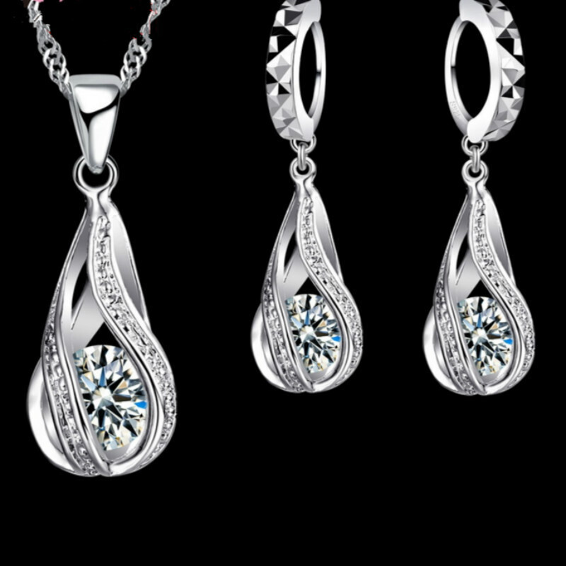 Zircon Crystal Pendant Earring and Necklace Set, Color: Picture color suit