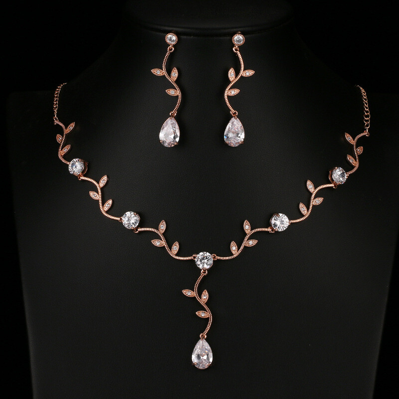 2-Piece Gold-plated Temperament Branch Zircon Jewelry Set, Color: Rose gold