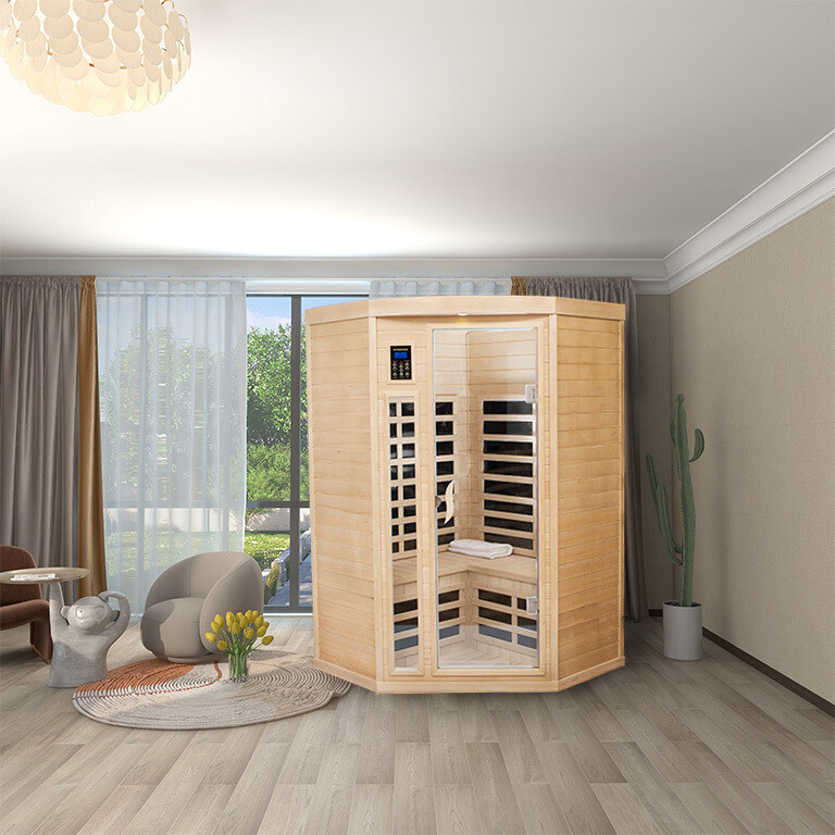 Pentagonal Canadian Hemlock Wooden Sauna Room with Far Infrared 7 Low EMF Heaters 1600 Watt, Chromotherapy, Bluetooth Speaker, LCD, LED Lighting, Options: Natural+Wood+Solid Wood