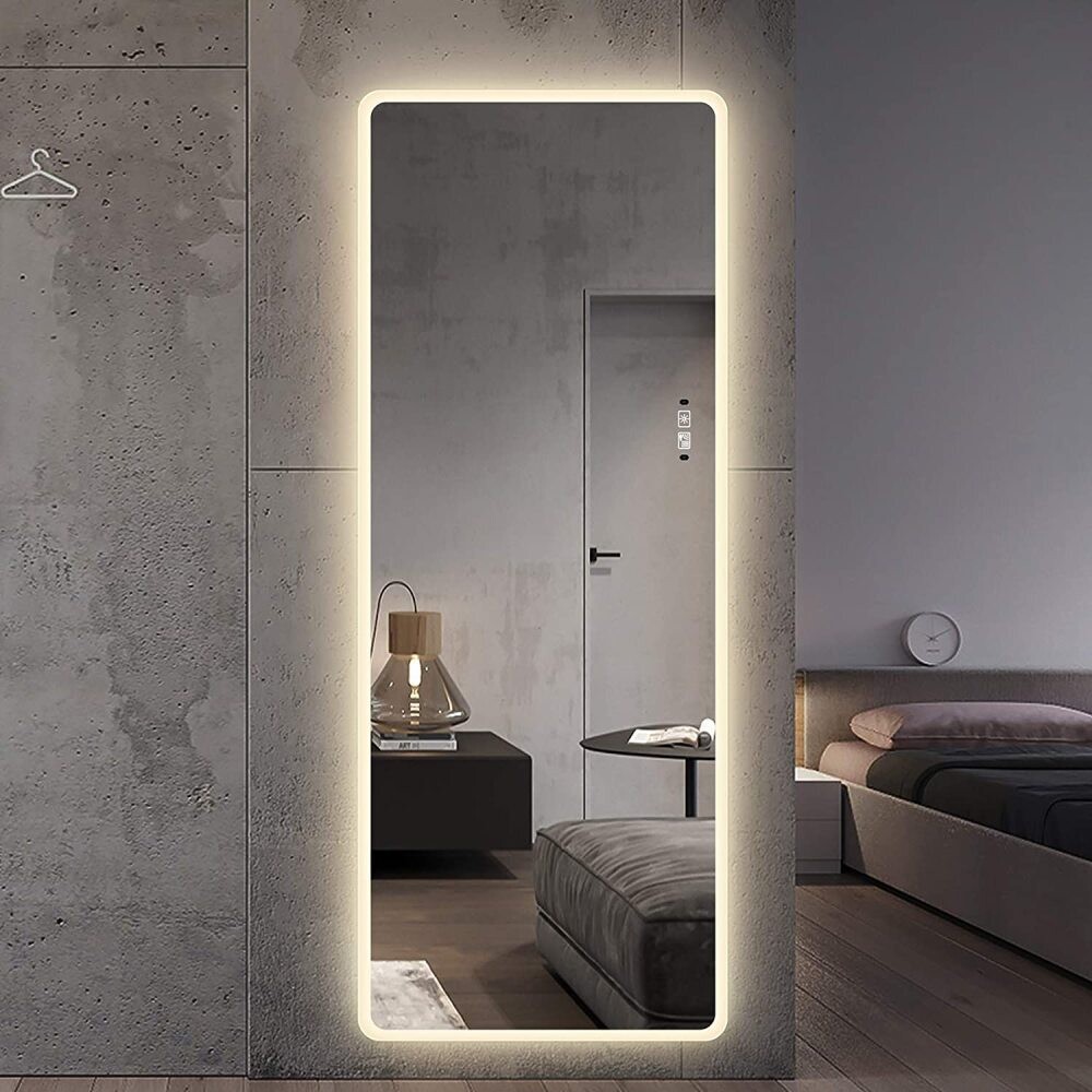 Full Length Mirror Lighted Vanity Body Mirror LED Mirror Wall-Mounted Mirror Intelligent Human Body Induction Mirrors Big Size with Rounded Corners, Options: Clear+Glass