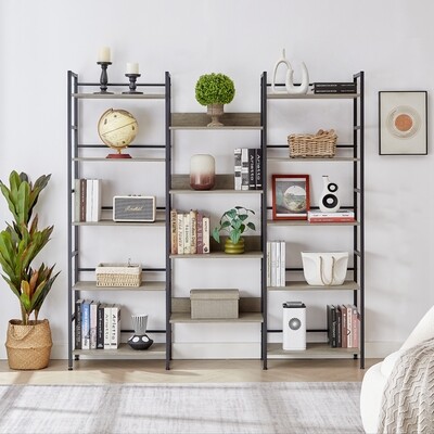 Triple Wide 5-shelf Bookshelves Industrial Retro Wooden Style Home and Office Large Open Bookshelves, Grey 69.3 W x 11.8 D x 70.1H Triple Wide 5-shelf Bookshelves Industrial Retro Wooden Style Home and Office Large Open Bookshelves, Grey 69.3 W x 11.8 D x 70.1H, Options: Grey+Particle Board