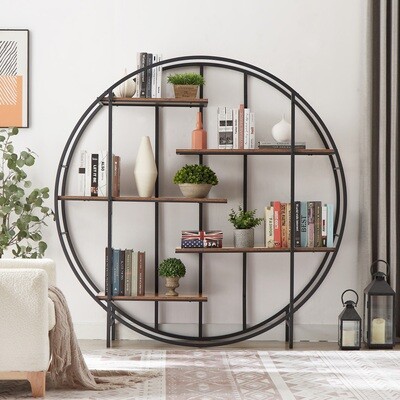 Round 5-Tier Metal Plant Stand Bookcase Storage Rack, Indoor Living Room Terrace Garden Balcony Display Stand Rustic Brown, 67 W x 11.8 D x 67 H. Round 5-Tier Metal Plant Stand Bookcase Storage Rack, Indoor Living Room Terrace Garden Balcony Display Stand Rustic Brown, 67 W x 11.8 D x 67 H., Options: Rustic Brown+Particle Board