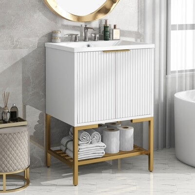 24-Inch Bathroom Vanity with Sink, Vanity Cabinet with Two Doors and Gold Metal Frame, Open Storage Shelf, White
