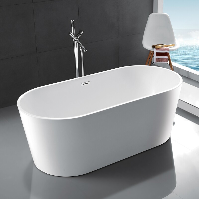 59-Inch 100% Acrylic Freestanding Bathtub Contemporary Soaking Tub with Brushed Nickel Overflow and Drain, Options: White+Acrylic