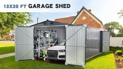 Outdoor Storage Shed 20x13 FT, Metal Garden Shed Backyard Utility Tool House Building with 2 Doors and 4 Vents for Car, Truck, Bike, Garbage Can, Tool, Lawnmower, Options: DARK GREY+Metal