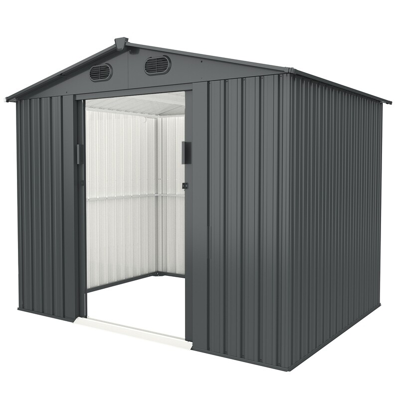 Outdoor Storage Shed, 8X6 FT Galvanized Steel Garden Shed with 4 Vents Double Sliding Door, Utility Tool Shed Storage House for Backyard, Patio, Lawn, Options: Dark Gray+Garden & Outdoor+Metal