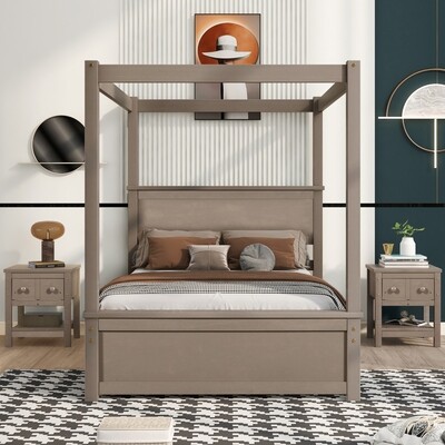Full Size Wood Canopy Bed with Trundle Bed and Two Nightstands, Bedroom Set - Brushed Light Brown