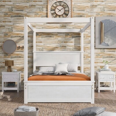 Full Size Wood Canopy Bed with Trundle Bed  and Two Nightstands，Bedroom Set - Brushed White, Options: White+Solid Wood