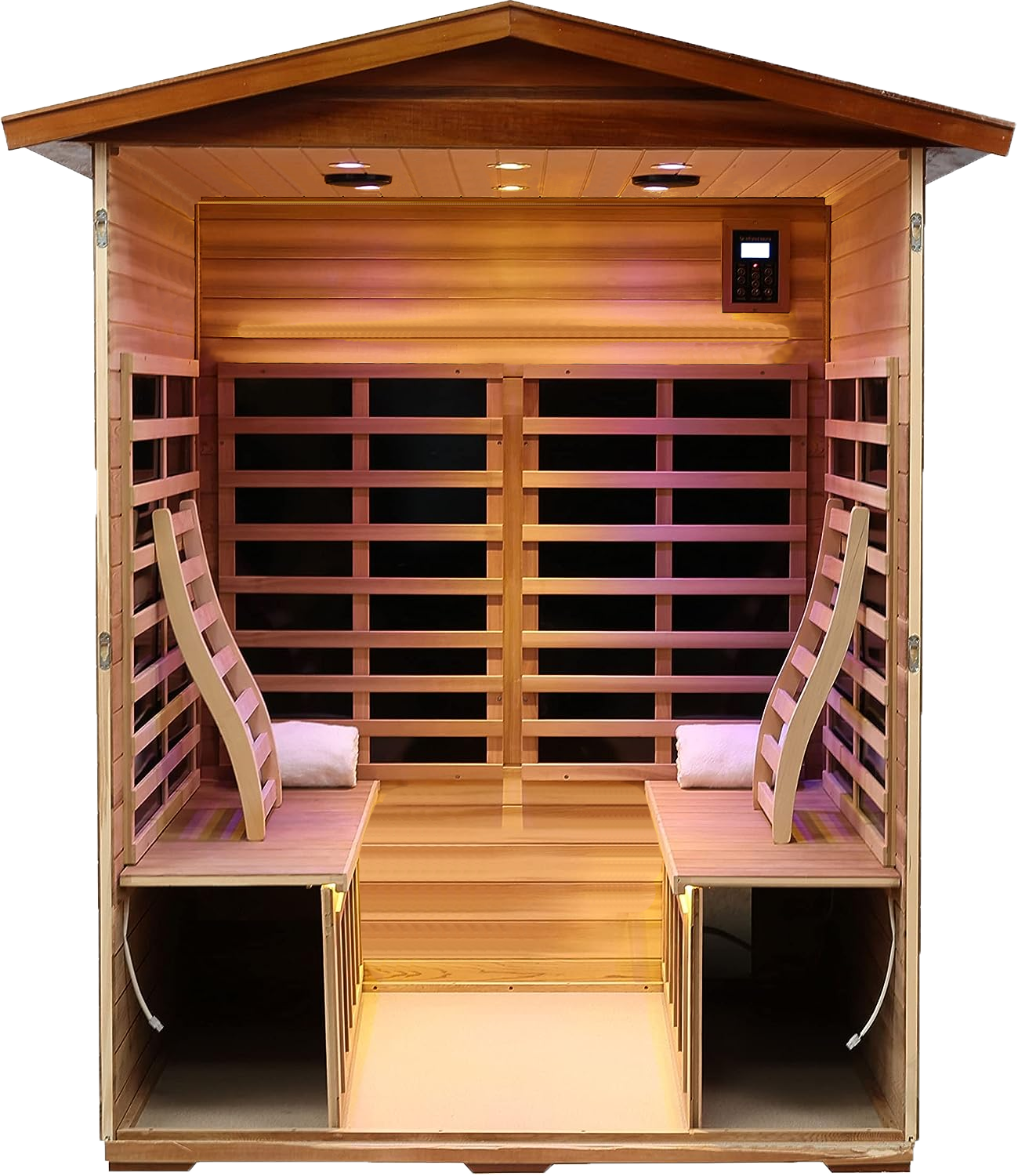 4-Person Khaya Far-infrared Outdoor Sauna Room, Options: Natural+Wood+Wood+Stainless Steel+Glass