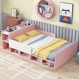 Girl's Wood Full Size Platform Bed with Storage Headboard, Guardrails and 4 Underneath Cabinets, Pink, Options: Box Spring Not Required+Full+Pink+Wood+Bedroom+Solid Wood+MDF11