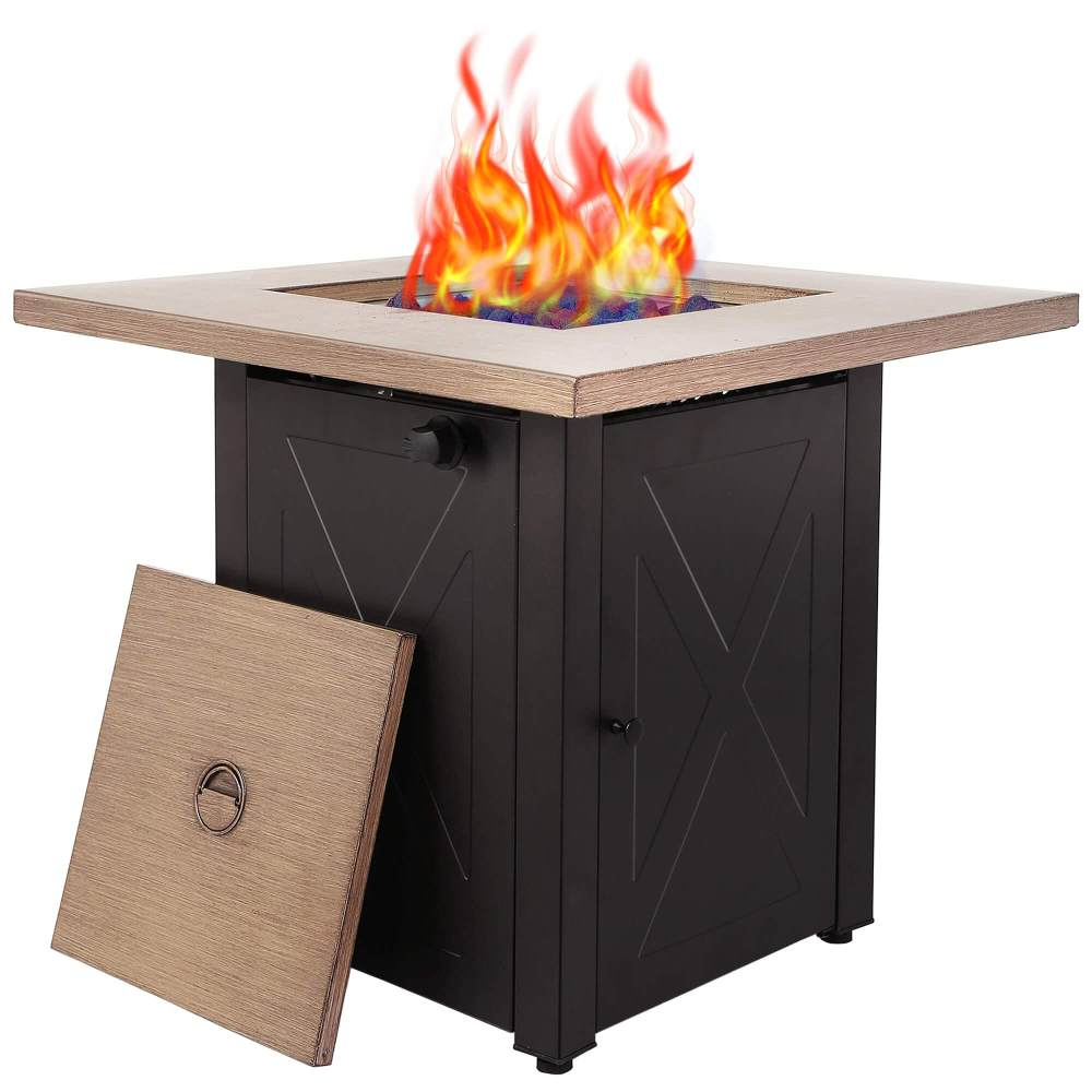 28-Inch Outdoor Gas Fire Pit Table, 48,000 BTU, Square Outdside Propane Patio Firetable, ETL Certification, Bionic Wood Grain Lid, for Backyard, Garden, Party, Deck, Courtyard, Options: Brown+Steel