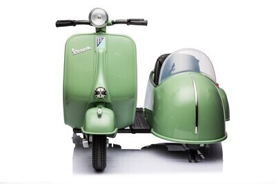 12V LICENSED Vespa Scooter Motorcycle with Side Car For Kids Green, Options: Green+Chrome
