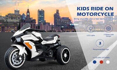 12V Battery Motorcycle, 3 Wheel Motorcycle, Kids Rechargeable Riding Electric Car - White
