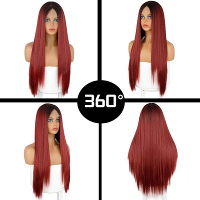 Front Lace Wig Wine Red Two-color Gradient Wig Mid-Length Straight Hair Chemical Fiber Headgear