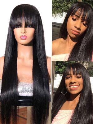 Real Hair Color Burgundy Bangs Straight Human Hair Wigs