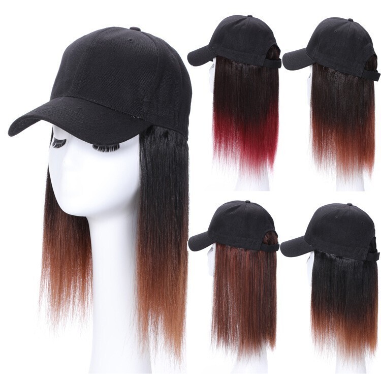 Hat Wig Real Hair Medium-long Straight Hat Wig One-piece Baseball Cap Bobo Head Wig Short Straight Hair