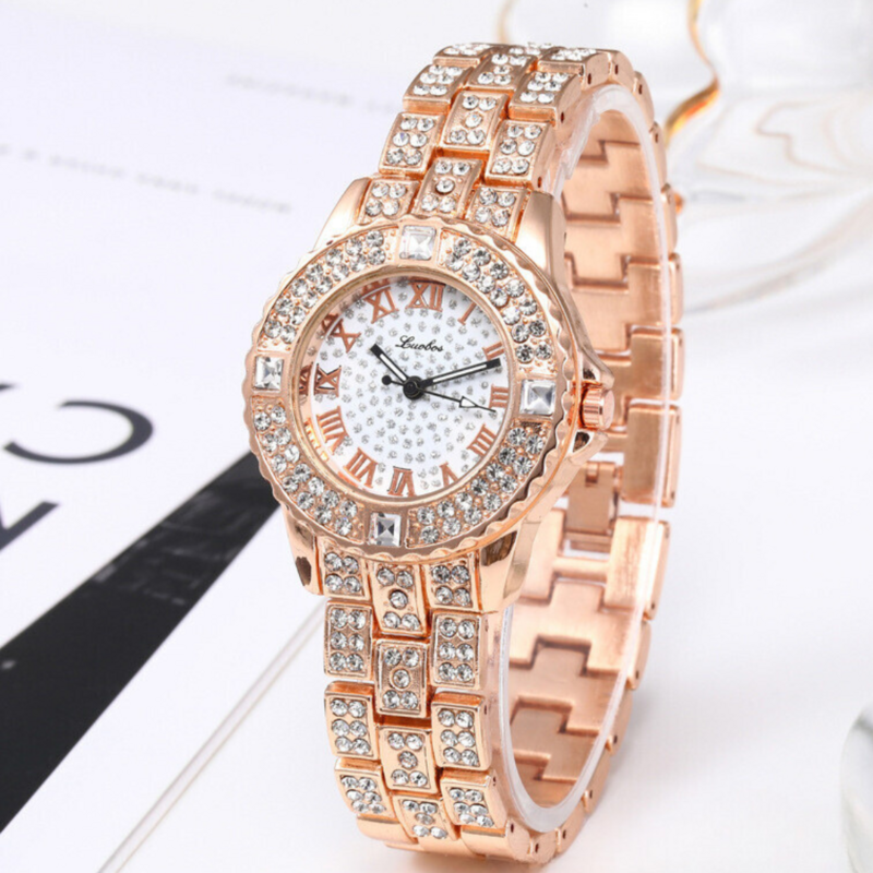 Full Zirconia Crystal Roman Face Women's Watch and Bracelet Set, Color: Rose gold