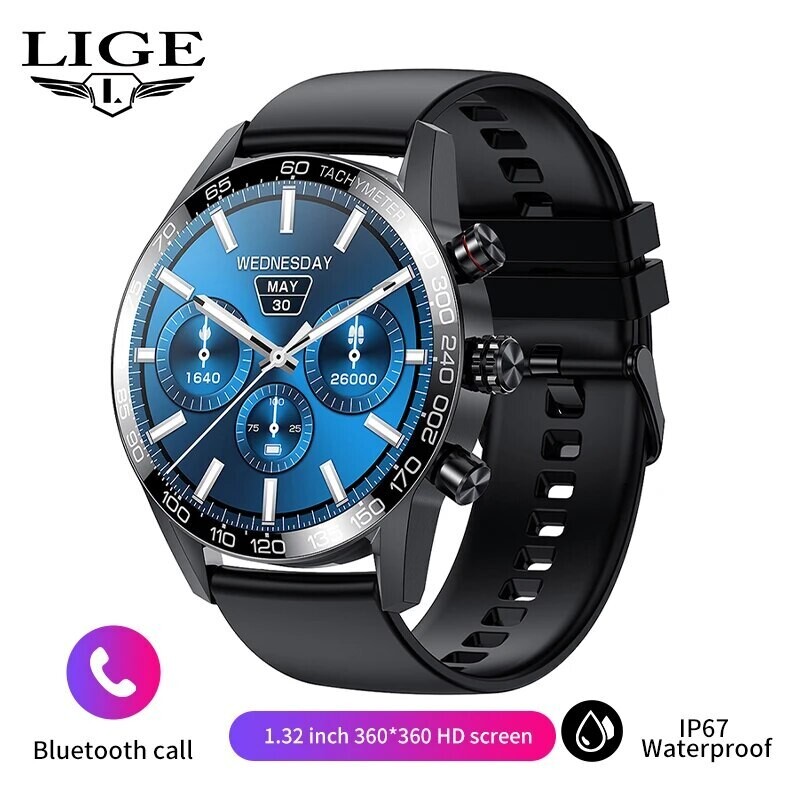 Lige 360 AMOLED HD Screen Watch For Men Smart Watch Bluetooth Calling Smartwatch 2023 Fashion Business Clock New Smartband Man, Color: Silica gel black, Size: Bluetooth call