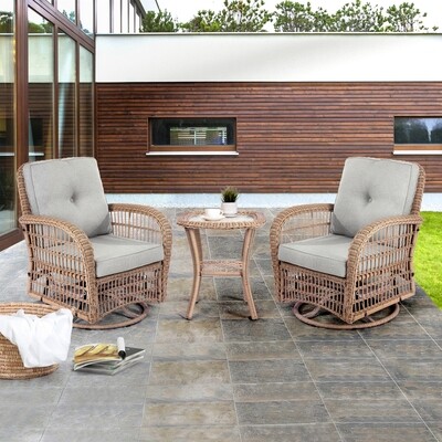 3-Piece Outdoor Wicker Swivel Rocking Chair Set, Patio Bistro Sets with 2 Rattan Rocker Chairs and Glass Coffee Table for Backyard