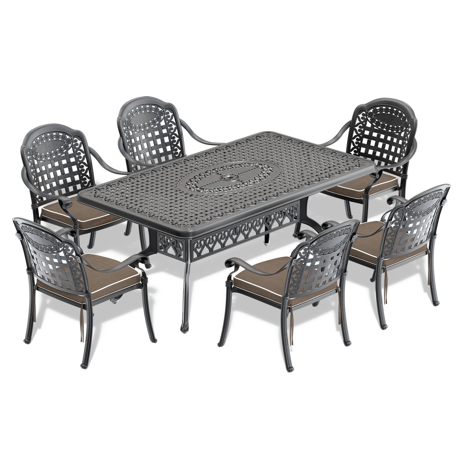 7-Piece Set of Cast Aluminum Patio Furniture -Table with Umbrella Hole Black Frame and Seat Cushions in Random Colors