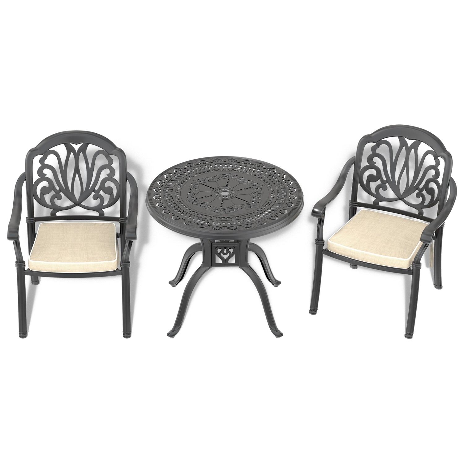 3-Piece Set Of Cast Aluminum Patio Furniture With Black Frame and Seat Cushions In Random Colors, Options: Yes+Complete Patio Set+Black+Weather Resistant Frame+Water Resistant Cushion+Garden & Outdoor+Casual+Complete Patio Sets+Fiber Foam and Polyester Fiber Pad+Aluminium Alloy