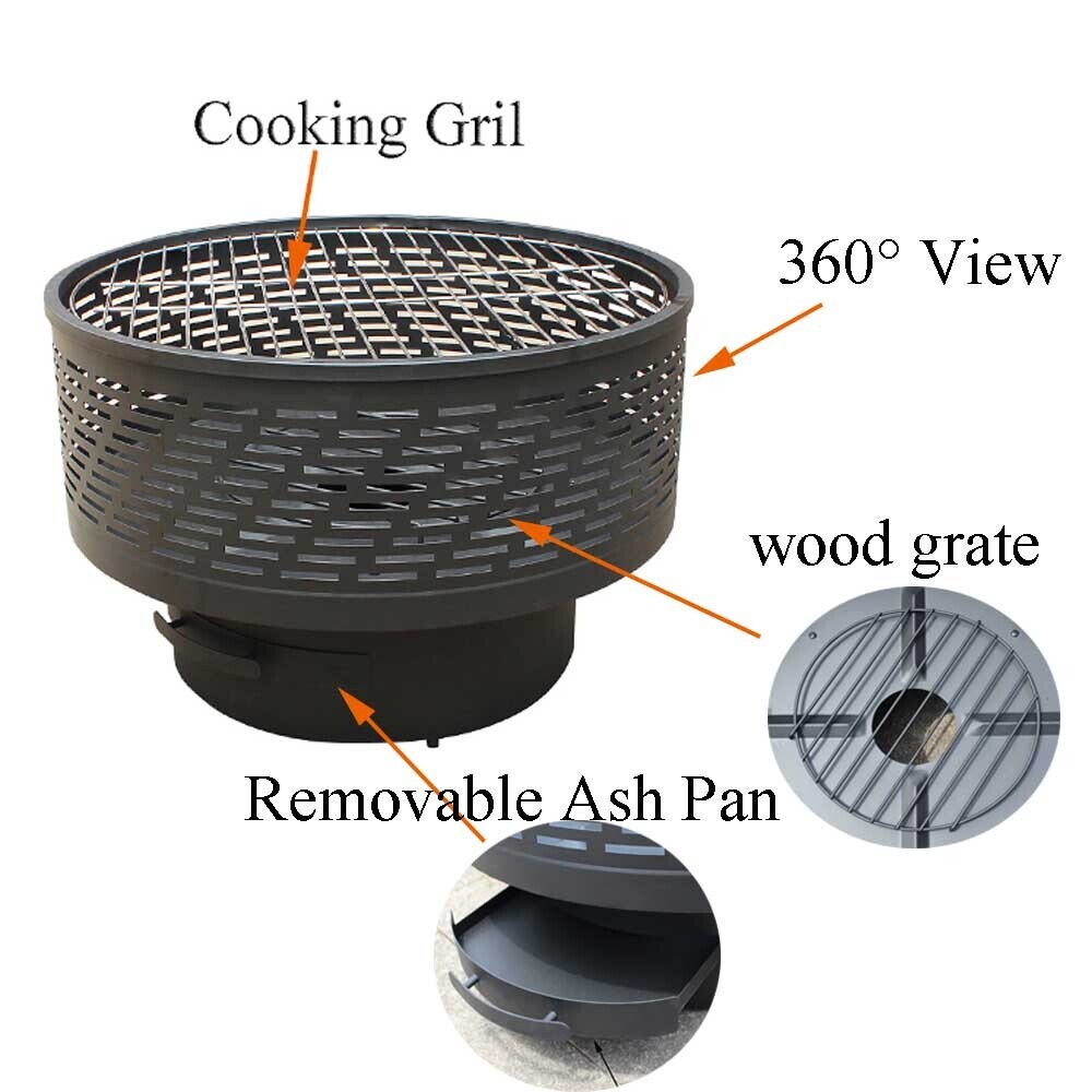 26-Inch Wood Burning Lightweight Portable Outdoor Firepit with Faux Wood Lid Backyard Fireplace for Camping Bonfire, Options: Black+Steel