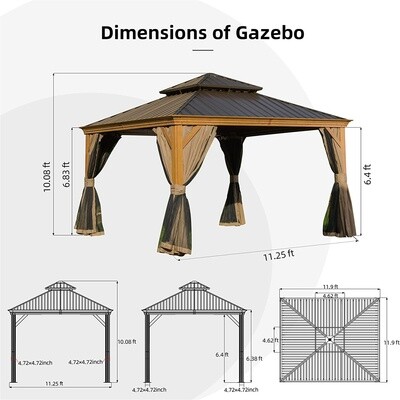 12'x12' FT Hardtop Gazebo, Wooden Coated Aluminum Frame Canopy with Galvanized Steel Double Roof, Outdoor Permanent Metal Pavilion with Curtains and Netting for Patio, Deck and Lawn (Wood-Looking)