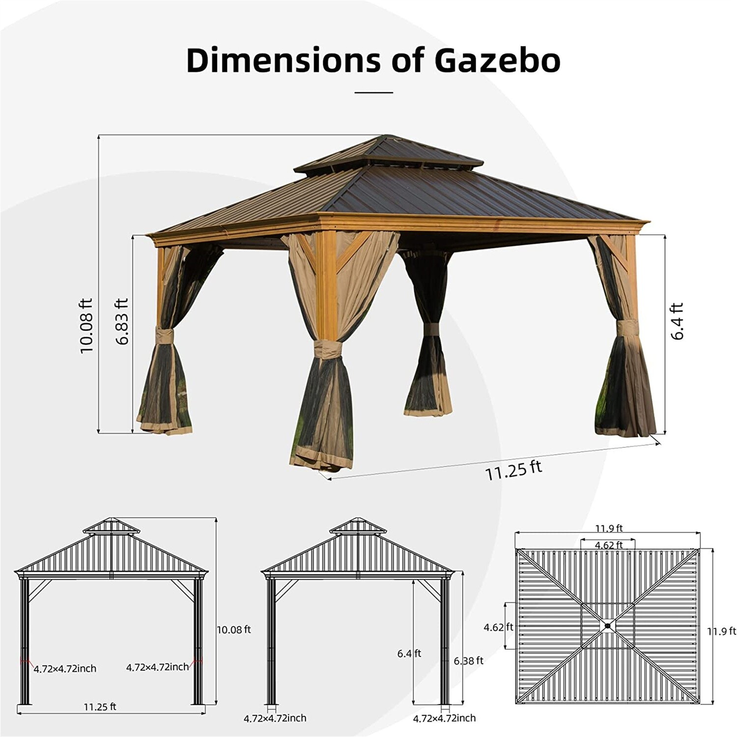 12'x12' FT Hardtop Gazebo, Wooden Coated Aluminum Frame Canopy with Galvanized Steel Double Roof, Outdoor Permanent Metal Pavilion with Curtains and Netting for Patio, Deck and Lawn (Wood-Looking), Options: Yellow Brown+Aluminium