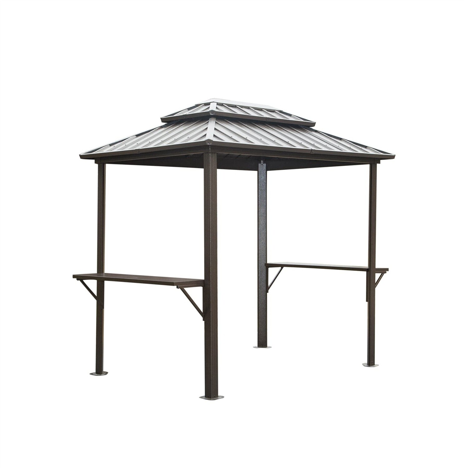 Grill Gazebo 8' × 6' FT Aluminum BBQ Gazebo Outdoor Metal Frame with Shelves Serving Tables, Permanent Double Roof Hard Top Gazebos for Patio Lawn Deck Backyard and Garden (Brown), Options: Brown+Metal11