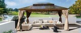 12'x16' FT Hardtop Gazebo, Permanent Outdoor Gazebo with Polycarbonate Double Roof, Aluminum Gazebo Pavilion with Curtain and Net for Garden, Patio, Lawns, Deck, Backyard (Wood-Looking), Options: Yellow Brown+Metal