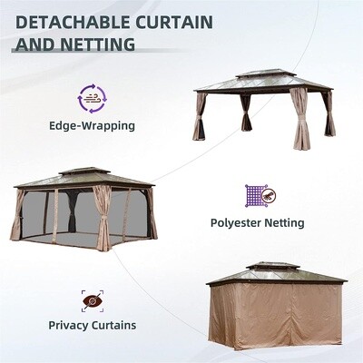 12'x16' FT Hardtop Gazebo, Permanent Outdoor Gazebo with Polycarbonate Double Roof, Aluminum Gazebo Pavilion with Curtain and Net for Garden, Patio, Lawns, Deck, Backyard, Wood Looking, Options: Brown+Metal