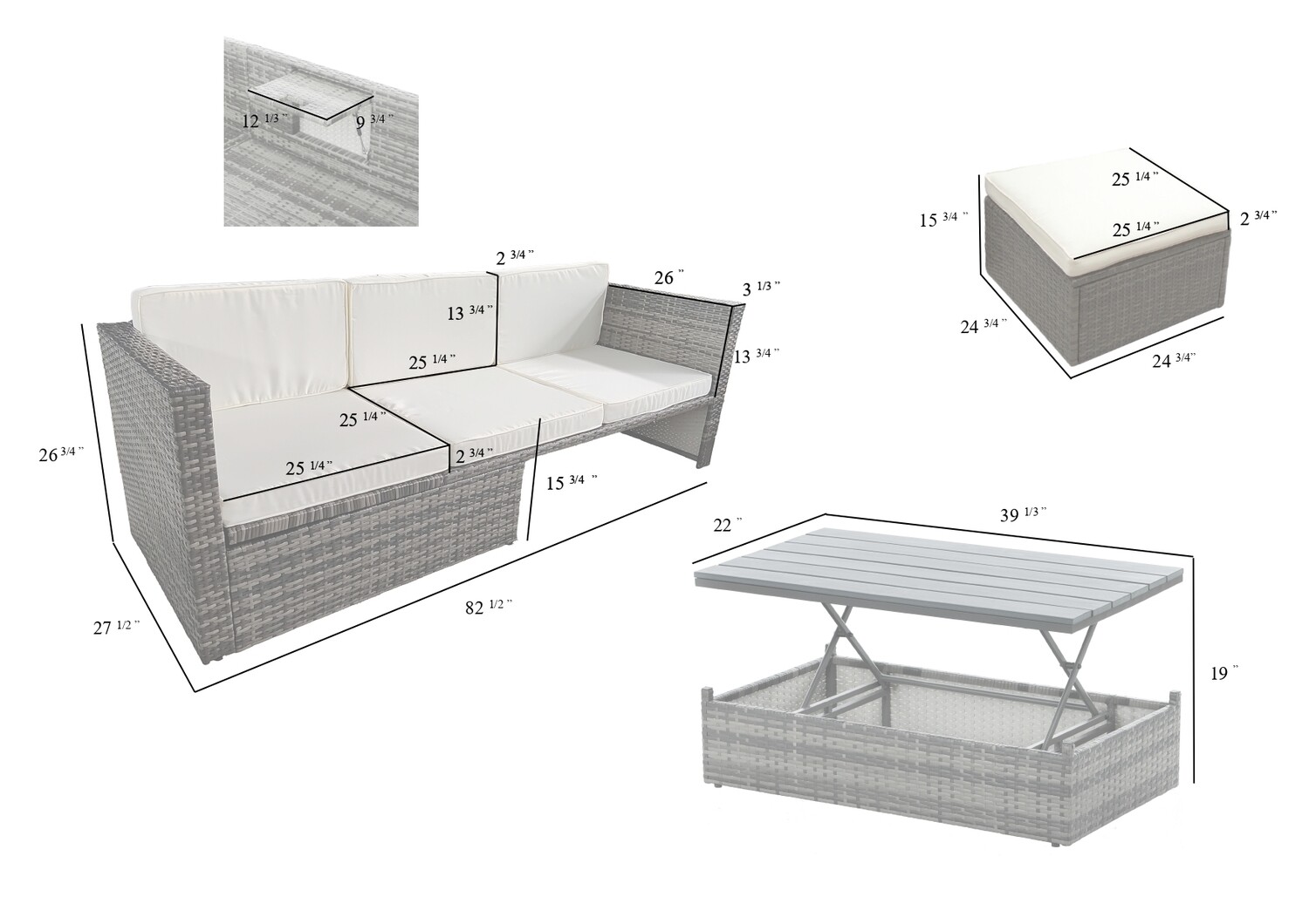 Patio Furniture, Outdoor Furniture, Seasonal PE Wicker Furniture, 5-Piece Set Wicker Furniture With Plywood Coffee Table, with lift TOP Coffee Table, with Lounger Sofa, Options: Dark Gray+PE Rattan+Iron+Waterproof Fabric+24.80Lx24.80Wx12.60H"+39.70Lx22.05Wx12.60H"+82.70Lx27.6Wx26.70H"