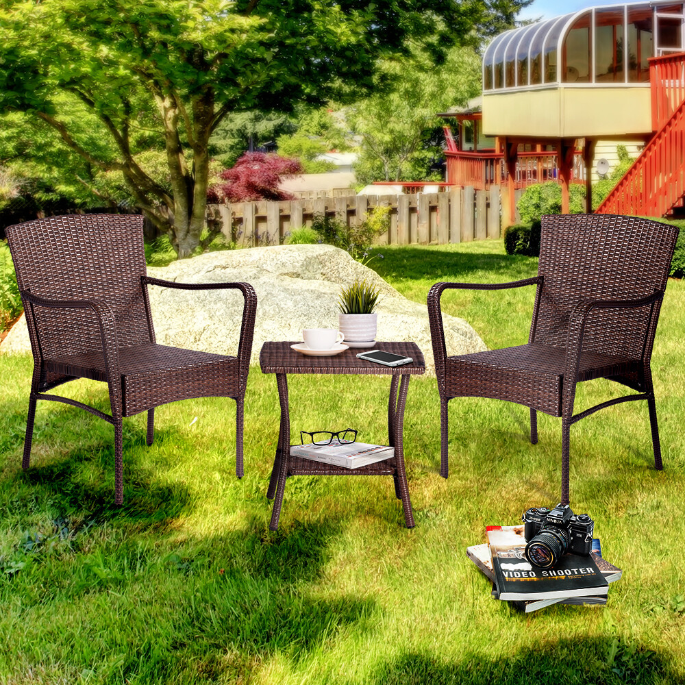 3 Pieces Outdoor Seating Group Furniture, PE Rattan Patio Furniture, Wicker Patio Chairs Set, Patio Bistro Sets, Outdoor Conversation Sets - Brown, Options: Dark Brown+Wicker