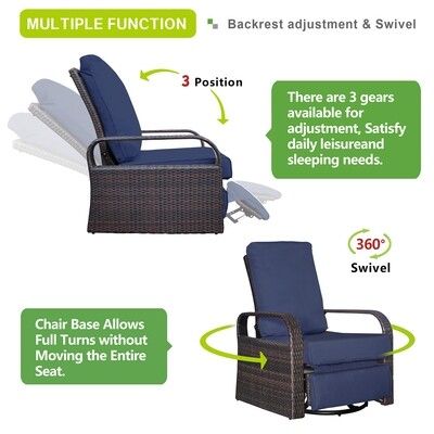 Outdoor Swivel Recliner Chairs, Wicker Chairs Fabric Cushions for Outdoor Use, Adjustable Lounging Positions for Ergonomic Comfort (Navy Blue), Options: Yes+Lounge+Navy Blue+Rust Resistant Frame+Fade Resistant Cushion+Garden & Outdoor+Classic+Complete Patio Sets+Aluminium+Aluminium