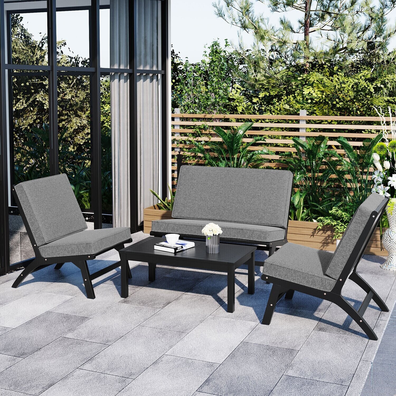 GO 4-Piece V-shaped Seats set, Acacia Solid Wood Outdoor Sofa, Garden Furniture, Outdoor Seating, Black and Gray, Options: Black+ Gray+Acacia Wood