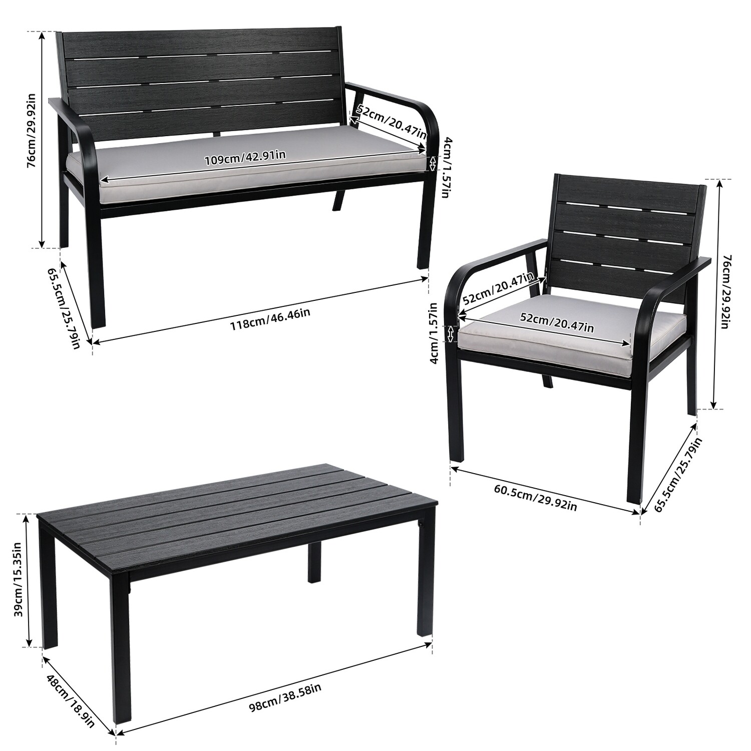 4 Pieces Patio Garden Sofa Conversation Set Wood Grain Design PE Steel Frame Loveseat All Weather Outdoor Furniture Set with Cushions Coffee Table for Backyard Balcony Lawn White or Black, Options: Black+ Gray+Steel