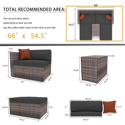 4- and 8-Pieces Outdoor Patio Garden Brown Wicker Sectional Conversation Sofa Set with Black Cushions and Red Pillows, w/ Furniture Protection Cover