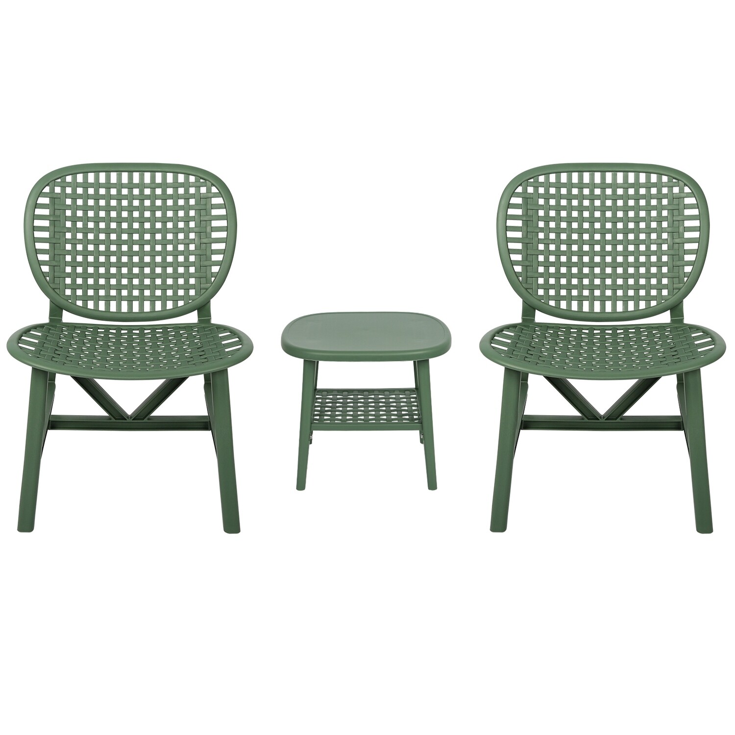 3-Piece Hollow Design Retro Patio Table Chair Set All Weather Conversation Bistro Set Outdoor Table with Open Shelf and Lounge Chairs with Widened Seat for Balcony Garden Yard White, Options: Green+Polypropylene