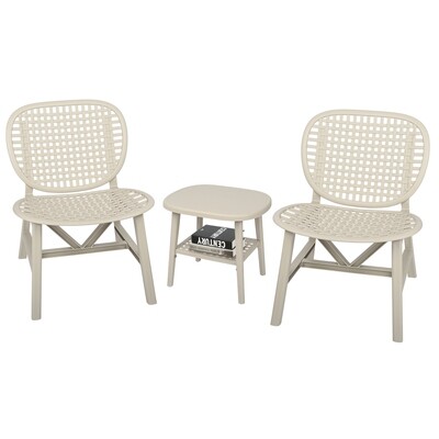 3-Piece Hollow Design Retro Patio Table Chair Set All Weather Conversation Bistro Set Outdoor Table with Open Shelf and Lounge Chairs with Widened Seat for Balcony Garden Yard White
