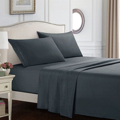 Embroidered Hotel Cooling Bed Sheet 4 Sets Bedsheet Cover Twin/Queen/Double/King, Color Classification: Dark gray, Applicable bed size: Embroidered full (four-piece set)