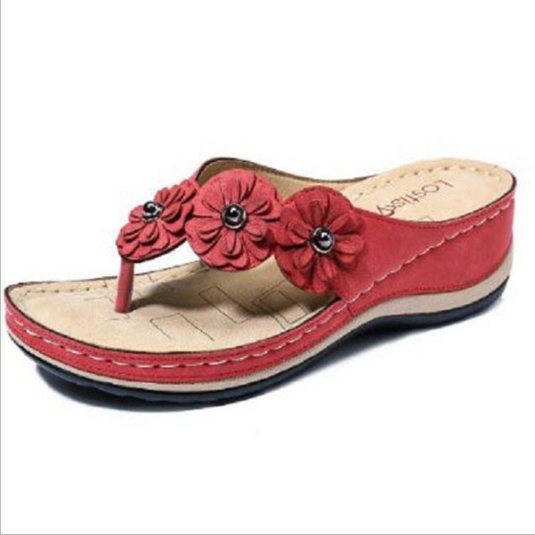 Large Size Women's Sandals Multi-Color Handmade Retro Flower Flat Wedge Sandals, Size: 35=4.5 US WOMEN, Color: Red