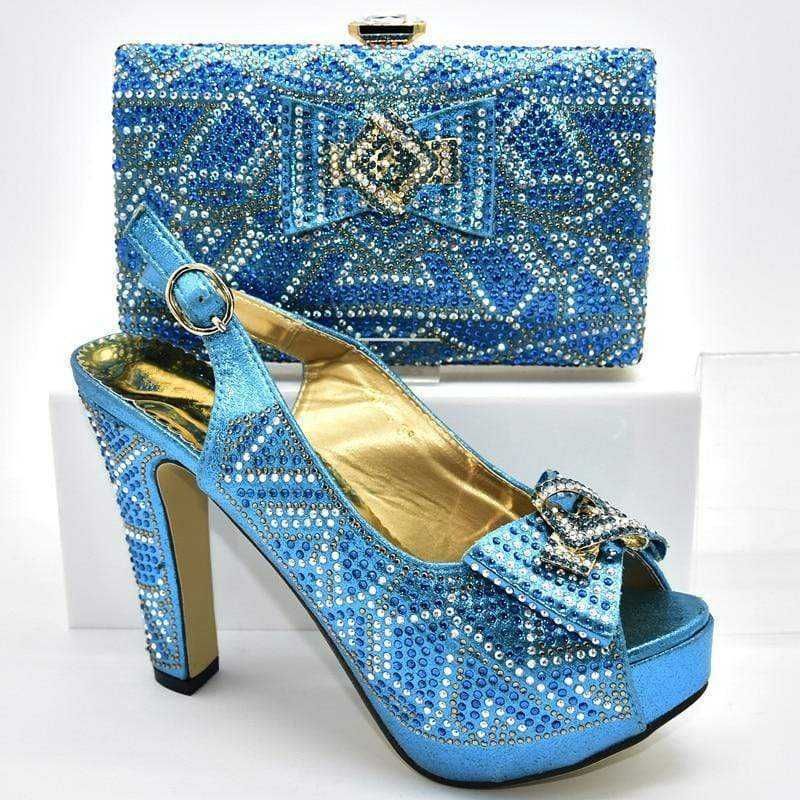 Crystalline Allure Collection German Designed Crystal Embellished Shimmering Shoes and Bag Set, Color: Sky Blue One Set, Shoe Size: 6.5=37