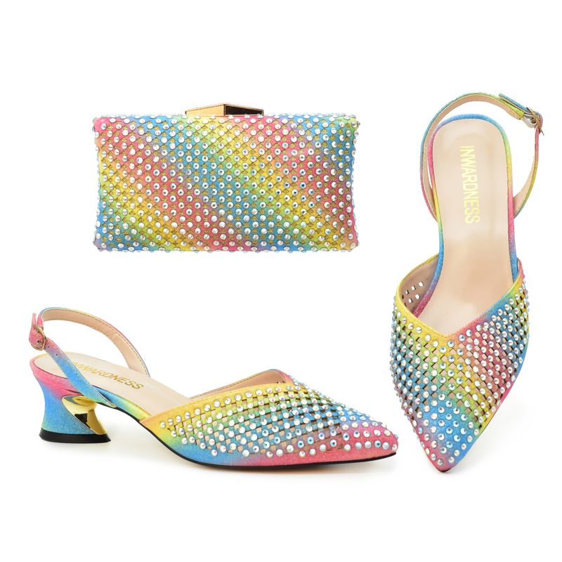 Crystalline Allure Collection Hollowed-Out Chunky Heel High Heels 5.5cm Clutch Handbag Rhinestone Shoes Bag Dinner Suit, Size: 38=7 US, Color: Rainbow