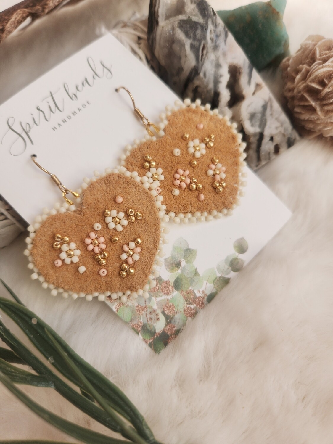 Pink floral moose hide heart earrings